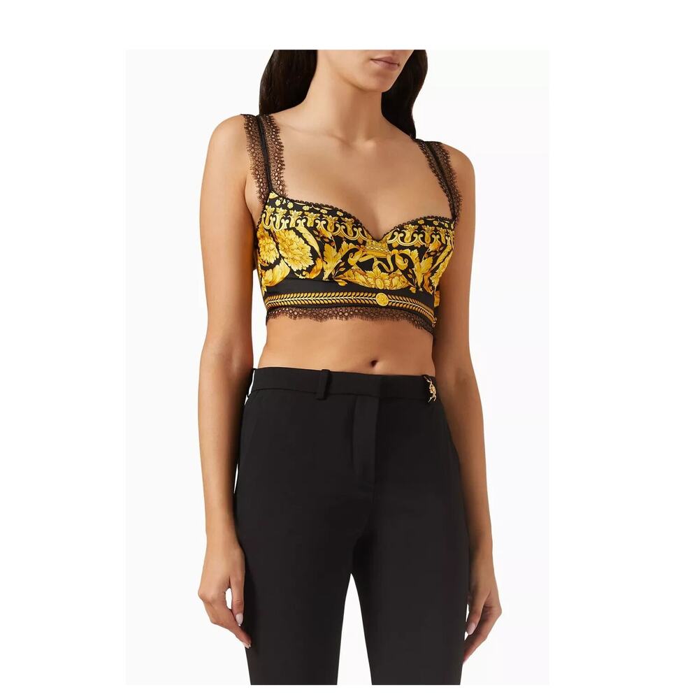 NWT Versace Silk Bralette Crop Top 38 US 2 XS Black Barocco Lace-Trimmed $1,190